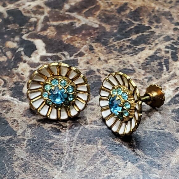 CORO Aqua Rhinestone Screw Back Earrings - Picture 2 of 8